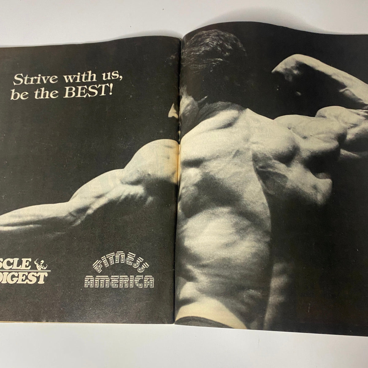 Muscle Digest Magazine October 1981 featuring a muscular model showcasing strength with the caption 'Strive with us, be the BEST!' Essential for fitness enthusiasts and collectors.
