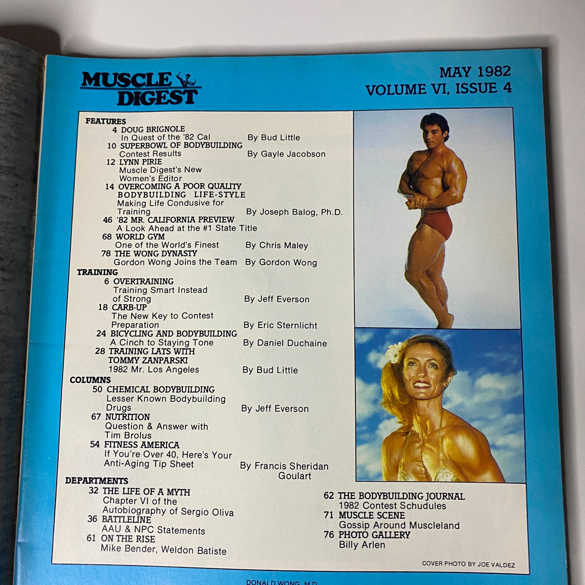Table of contents from Muscle Digest Magazine May 1982, detailing featured articles and topics including bodybuilding training and nutrition.