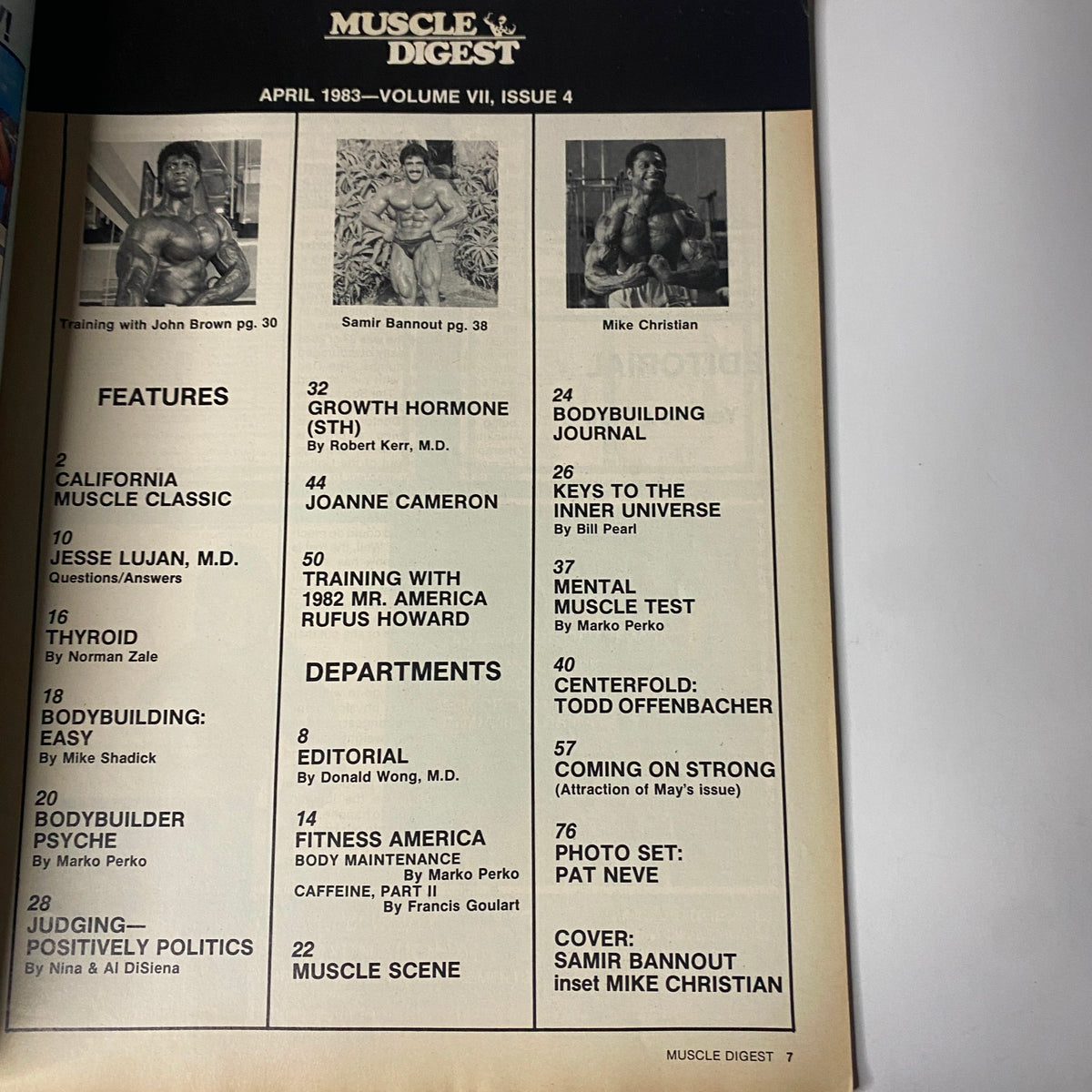 Table of contents from Muscle Digest Magazine April 1983 listing features including Samir Bannout and Mike Christian, highlighting bodybuilding topics.