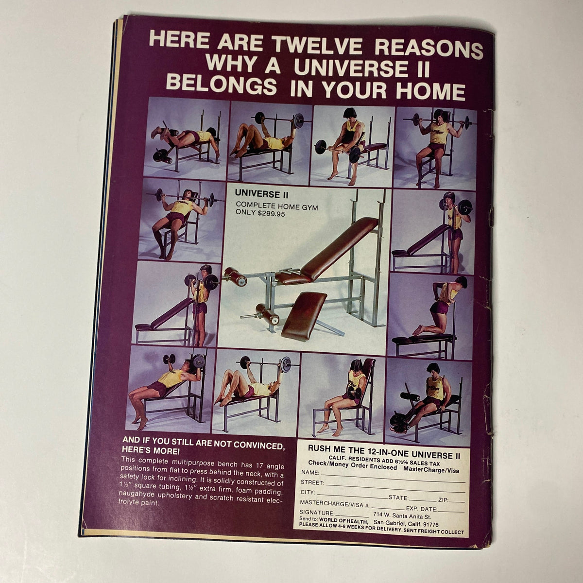 Back cover of Muscle Digest Magazine promoting the Universe II complete home gym system with illustrations of workout gear and exercises.
