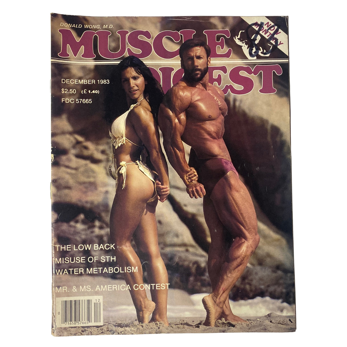 Cover of Muscle Digest Magazine December 1983 featuring Boyer Coe and Corrine Machado-Ching, showcasing fitness articles and a centerfold, in good condition.