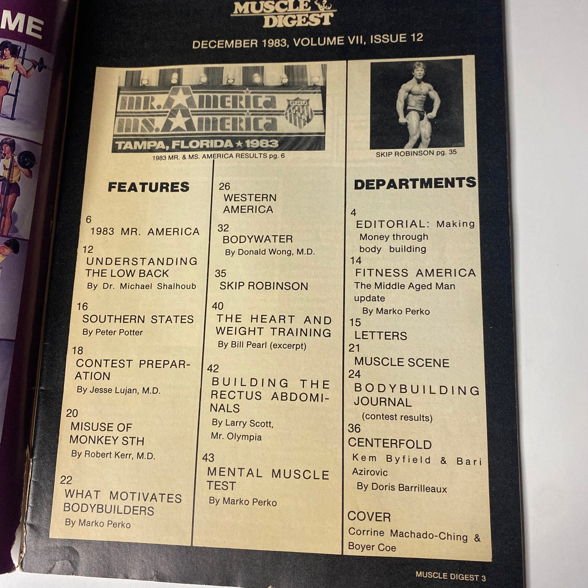 Muscle Digest Magazine December 1983 featuring the table of contents including articles on Mr. America, bodybuilding, and fitness. This vintage magazine contains insights on bodybuilding contests and health.