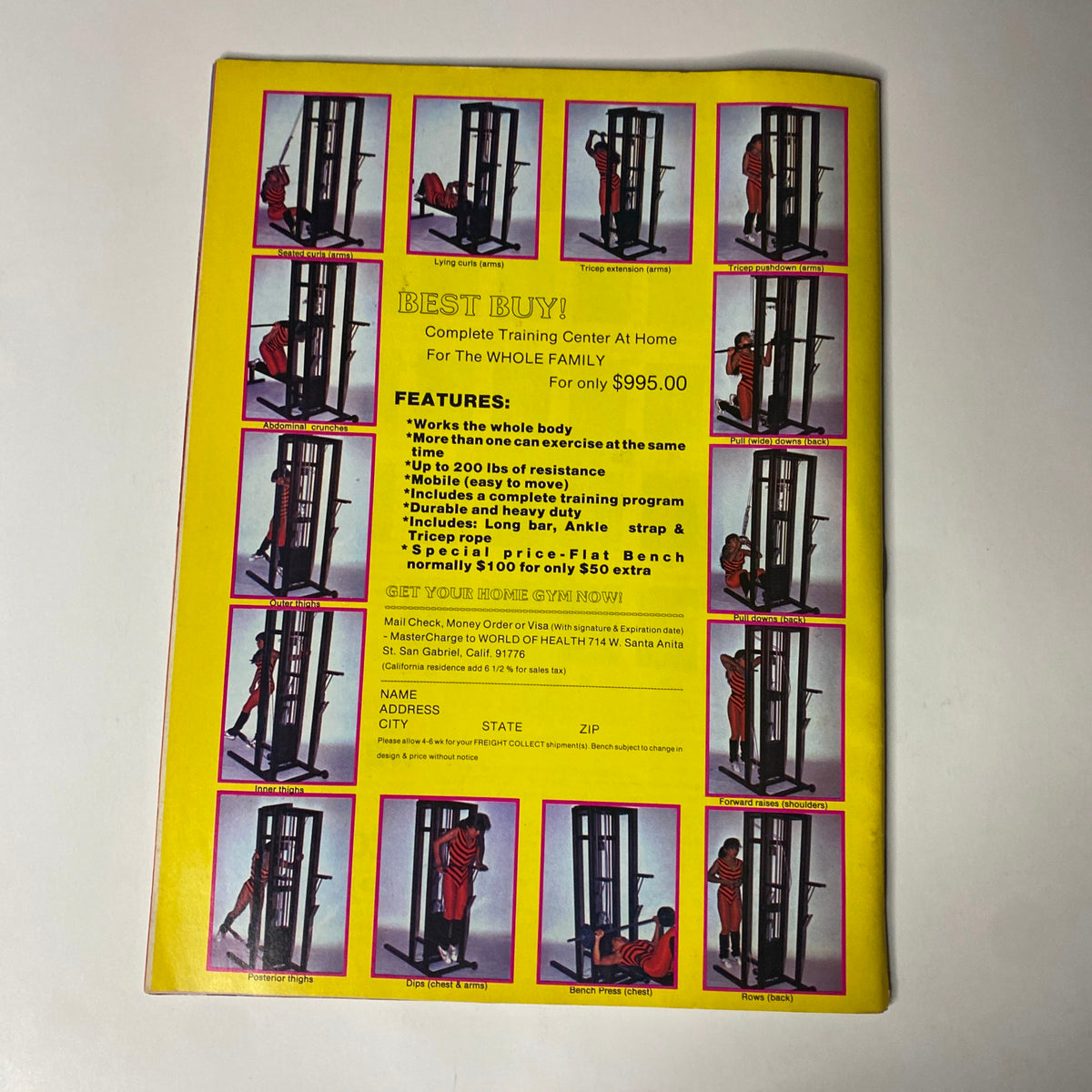 Back cover of Muscle Digest Magazine December 1983 showcasing a complete home training system advertisement. Featuring a multi-functional workout station with detailed specifications.