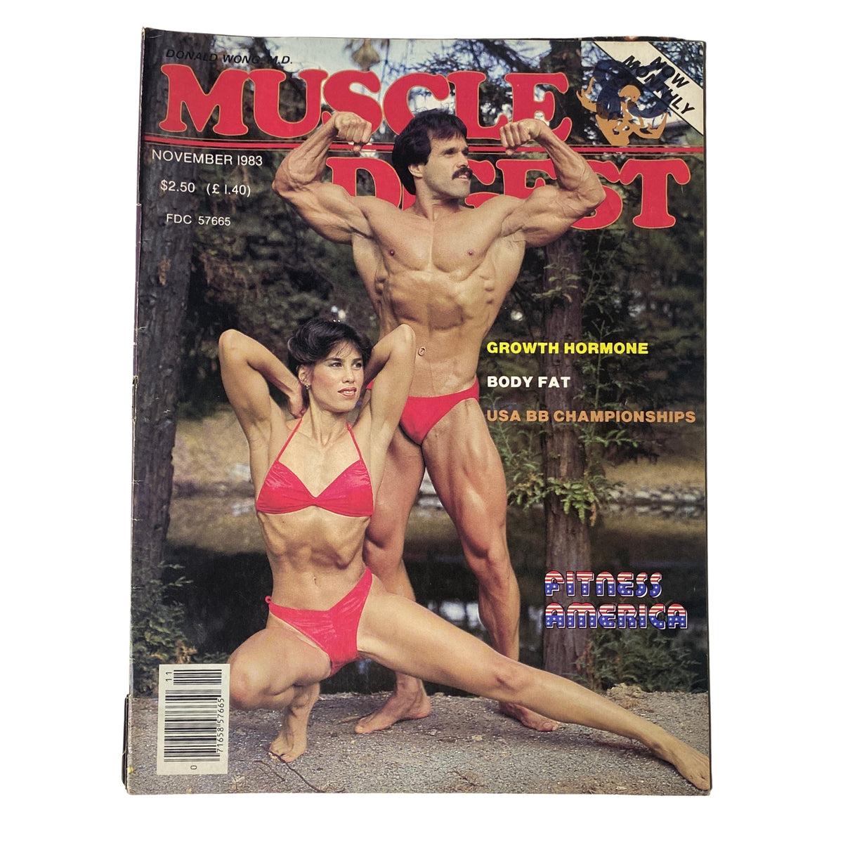 Cover of Muscle Digest Magazine November 1983 featuring Ed Holmes and Esi Rainwater, showcasing fitness aesthetics with a colorful depiction of bodybuilding.