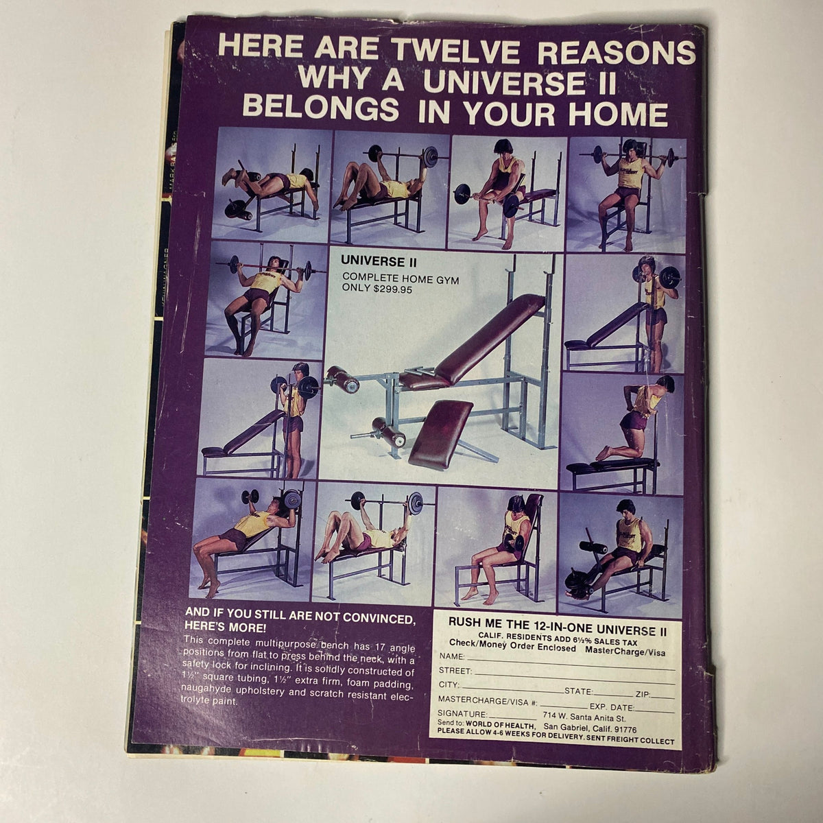 Back cover of Muscle Digest Magazine November 1983 advertising the Universe II complete home gym, highlighting twelve reasons to have the gym, with images of different workout setups.