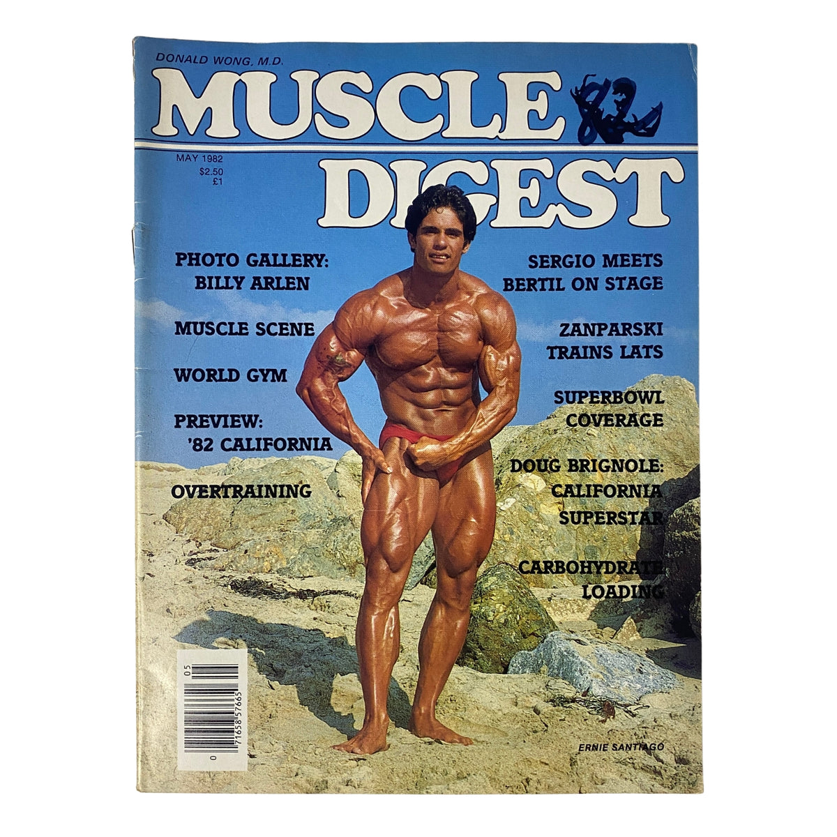 Cover of Muscle Digest Magazine May 1982, Vol 6 No 4 featuring Ernie Santiago in a muscular pose against a beach background.