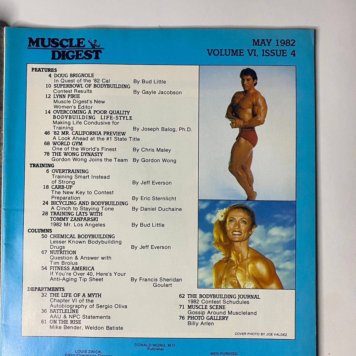 Interior page of Muscle Digest Magazine May 1982, Vol 6 No 4 showcasing the table of contents and highlights of featured articles.