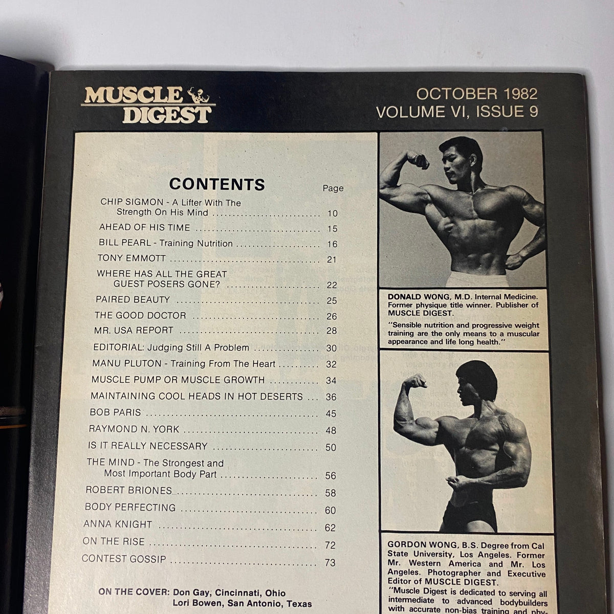 Table of Contents from Muscle Digest Magazine October 1982 displaying article titles including Chip Sigmon, Bill Pearl, and editorial insights for bodybuilding enthusiasts.