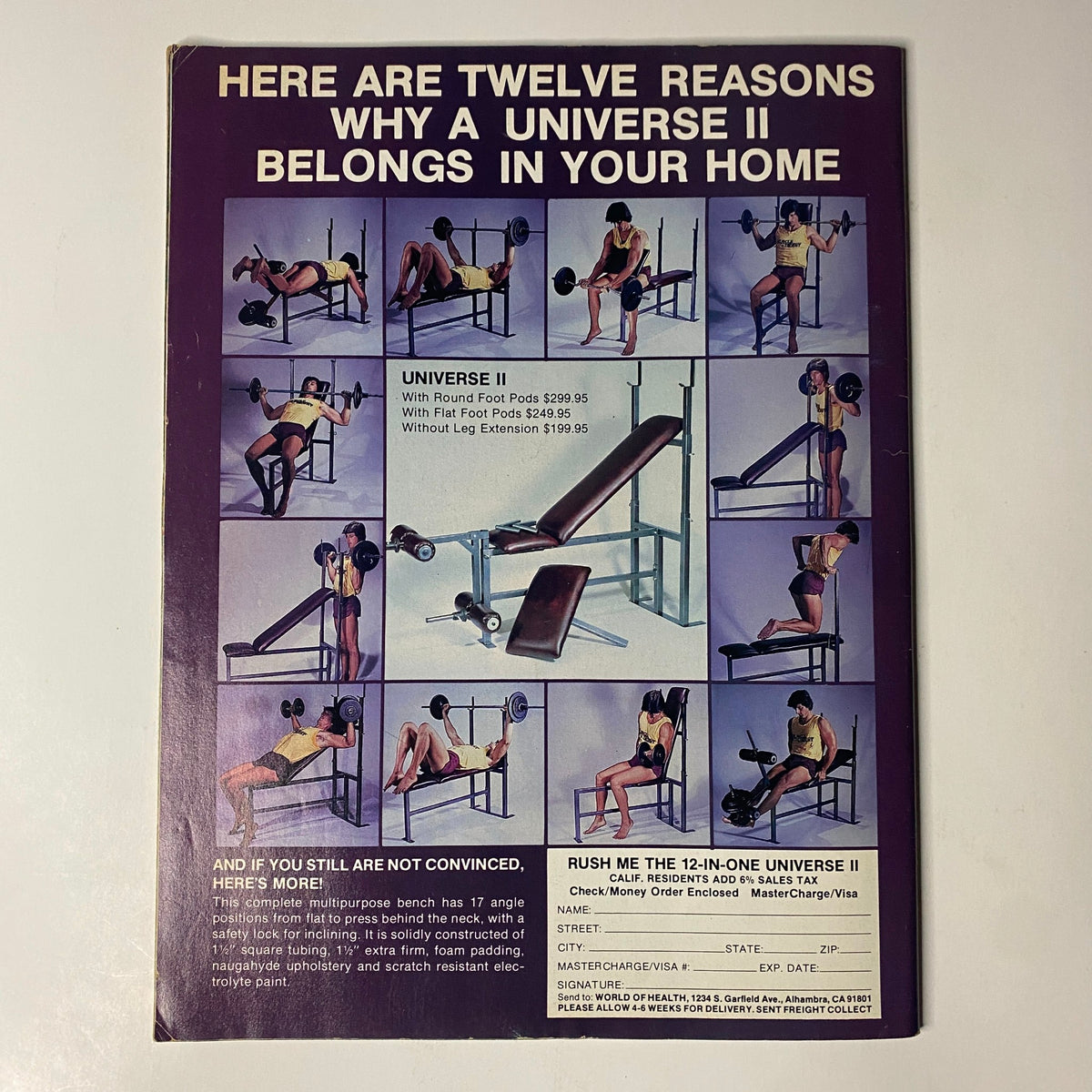 Back cover of Muscle Digest Magazine October 1982 highlighting reasons to own a Universe II fitness home gym, promoting fitness and bodybuilding at home.