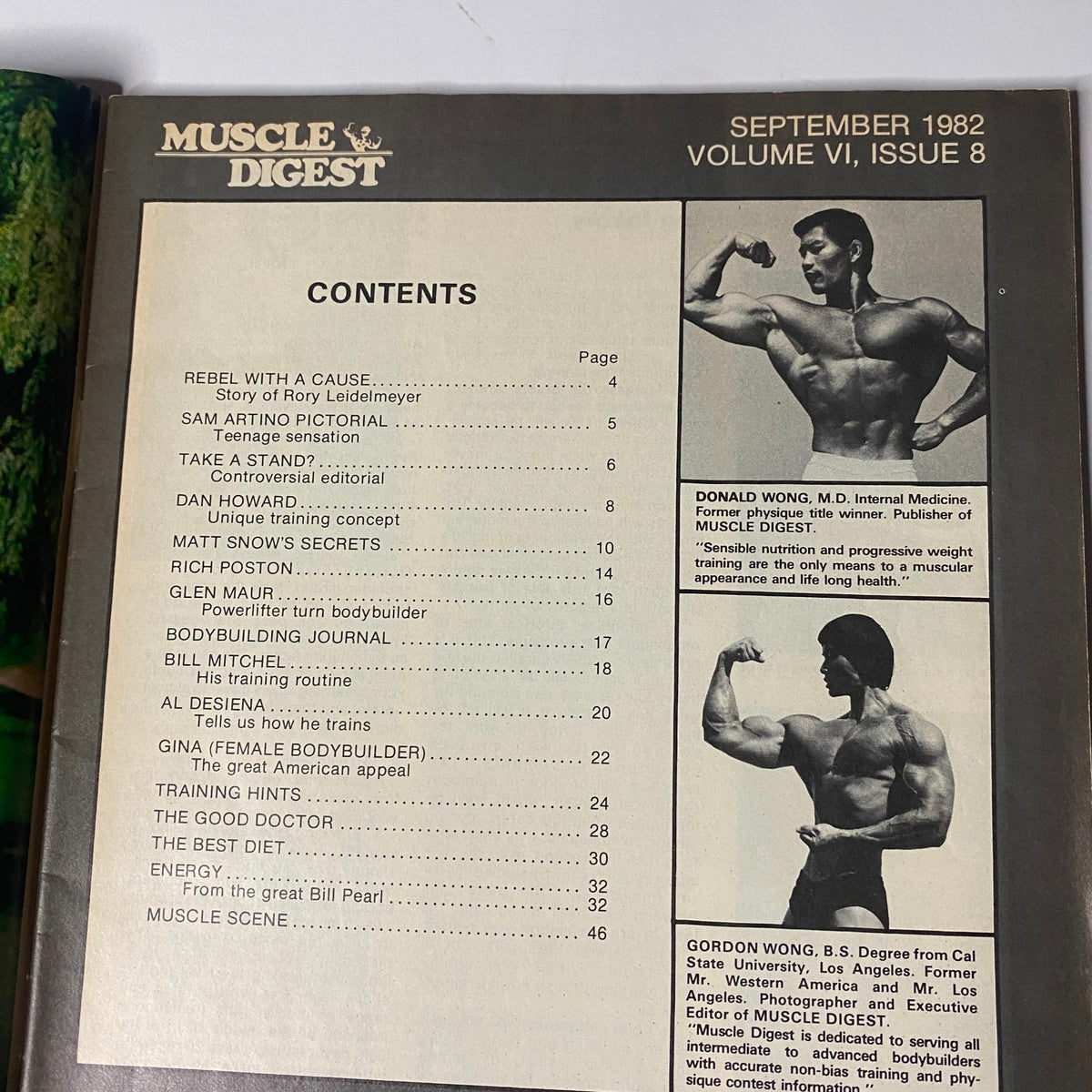 Contents page of Muscle Digest Magazine - September 1982, Volume VI, Issue 8, featuring articles such as 'Rebel With a Cause' and 'Bodybuilding Journal'.