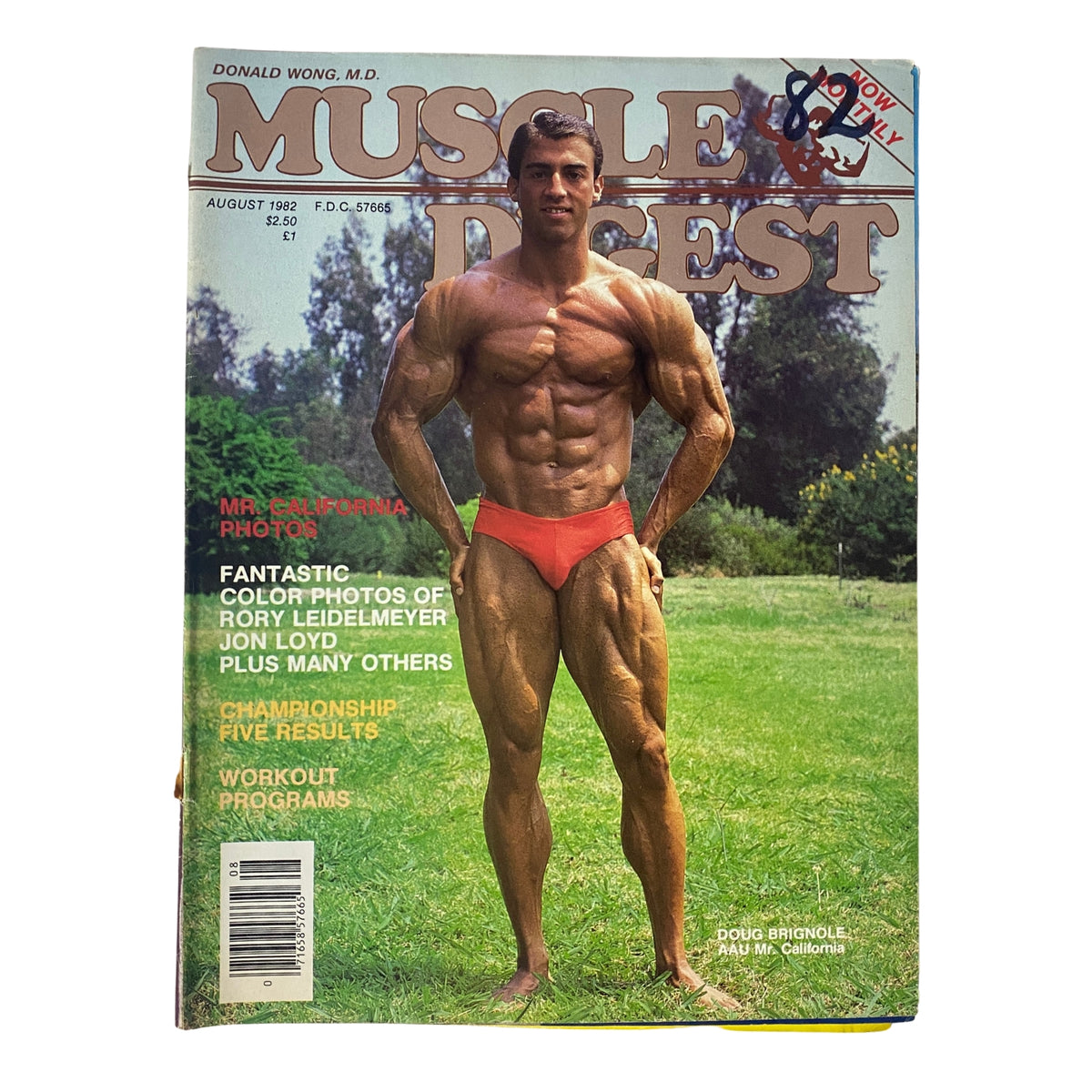 Cover of Muscle Digest Magazine August 1982, Volume 6, No. 7 featuring bodybuilding champion Doug Brignole posing in red shorts.