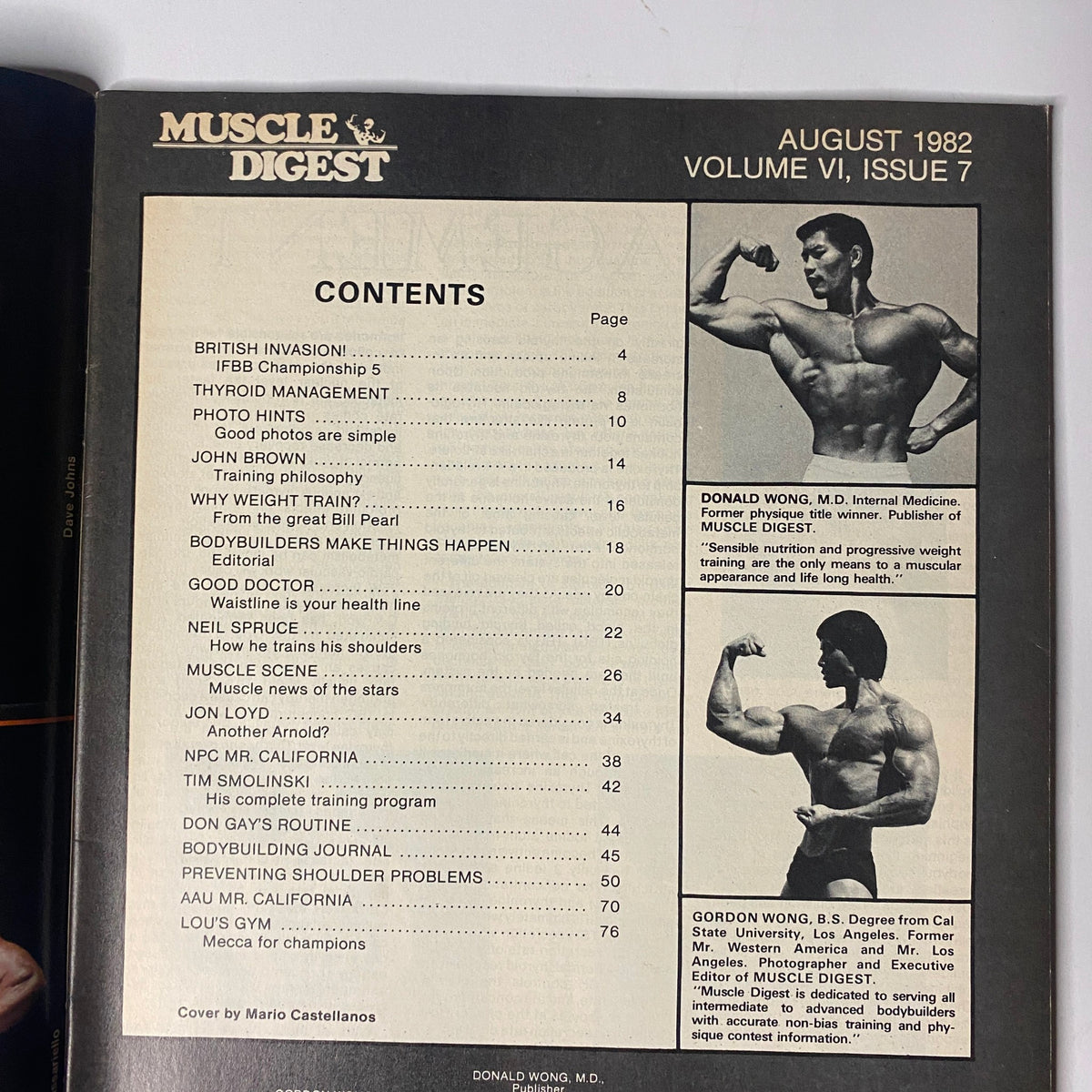 Table of contents page of Muscle Digest Magazine August 1982, Volume 6, No. 7, listing articles on bodybuilding and health topics.
