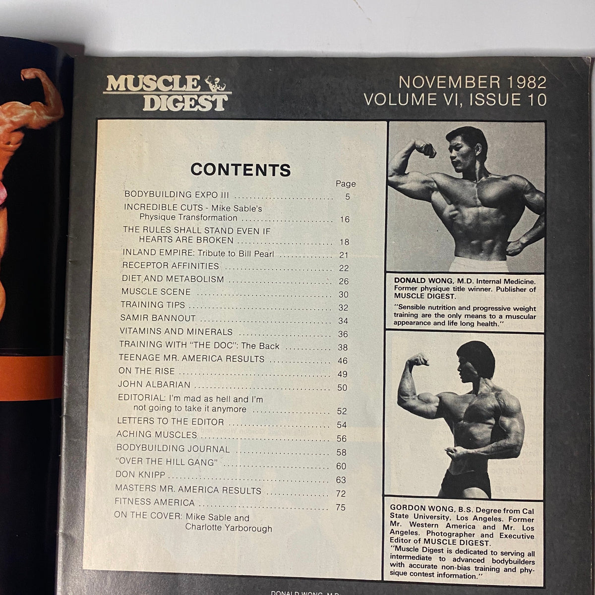 Table of contents from Muscle Digest Magazine November 1982 detailing various articles including Mike Sable's transformation and bodybuilding tips.