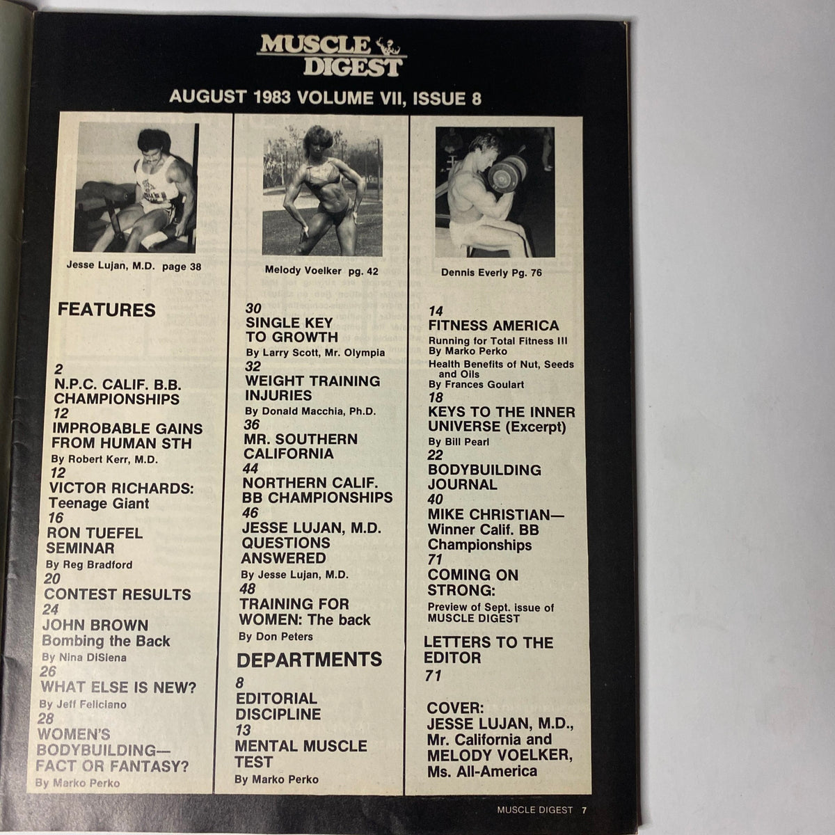 Table of contents page from Muscle Digest Magazine August 1983 detailing featured articles including Jesse Lujan and Melody Voelker.