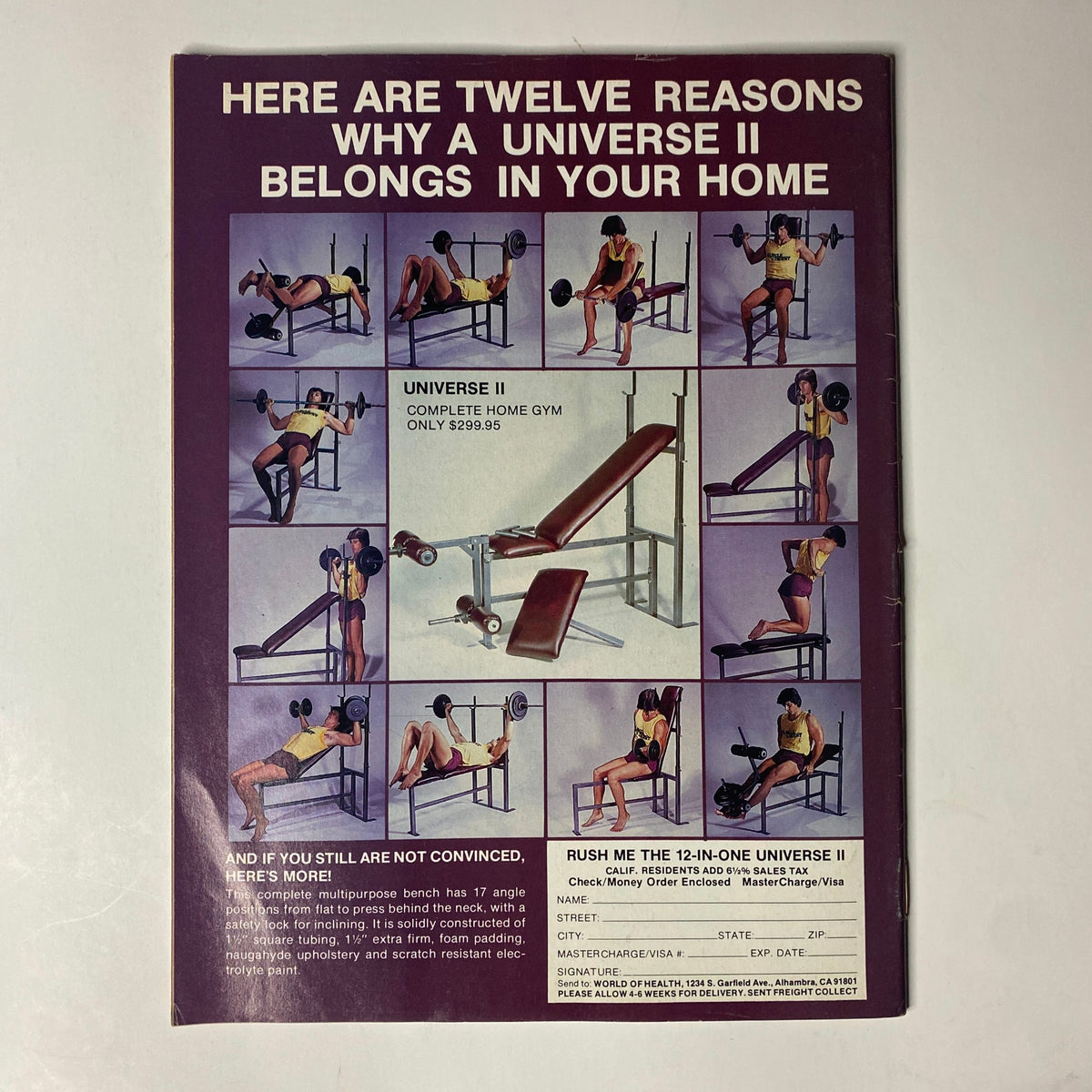 Back cover of Muscle Digest Magazine August 1983 promoting the Universe II complete home gym, illustrating various exercise equipment.