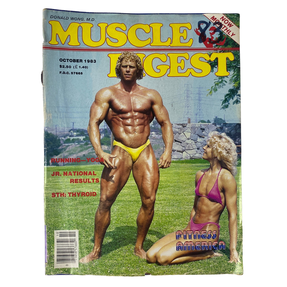 Cover of Muscle Digest Magazine October 1983 featuring Steve Bohnstedt in a yellow posing suit and Kathy Cafaro, showcasing bodybuilding excellence.