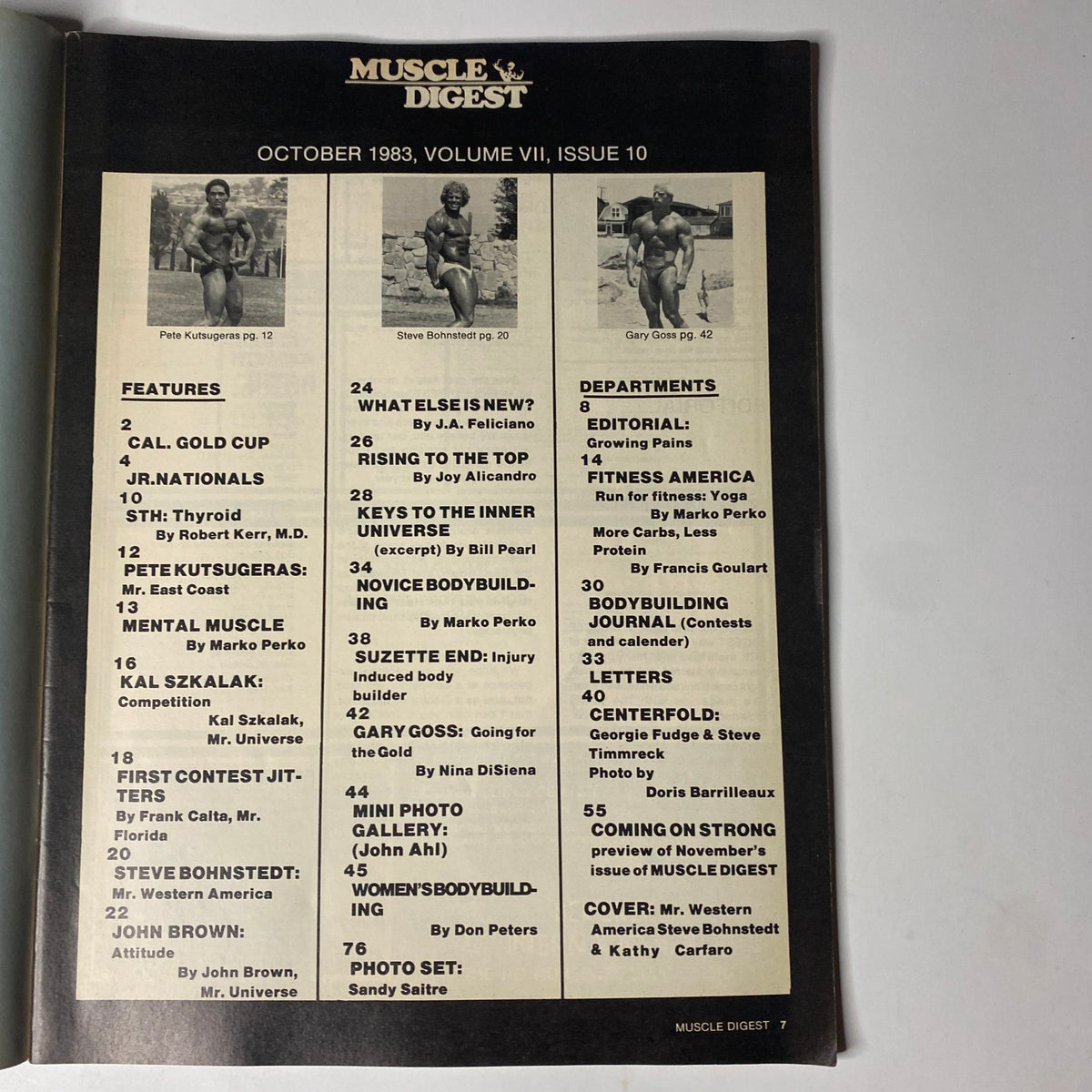 Inside page of Muscle Digest Magazine October 1983 displaying the table of contents, including features and articles by renowned contributors related to bodybuilding.