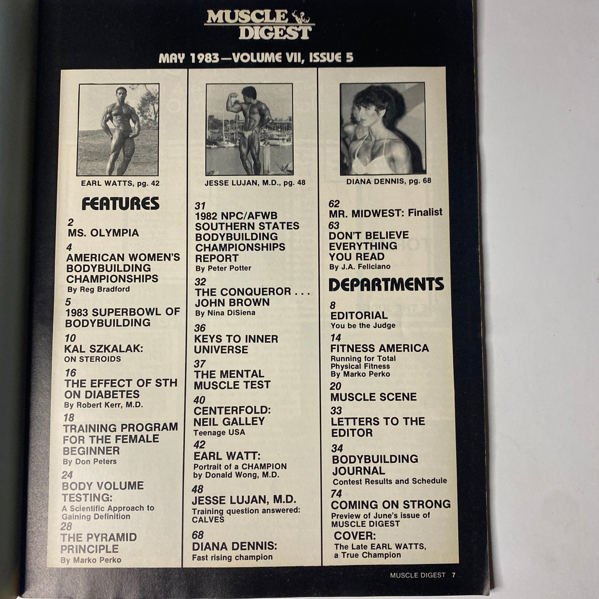 Table of contents from Muscle Digest Magazine May 1983 Vol 7 No. 5 featuring articles on bodybuilding competitions, training programs, and notable champions such as Earl Watts.