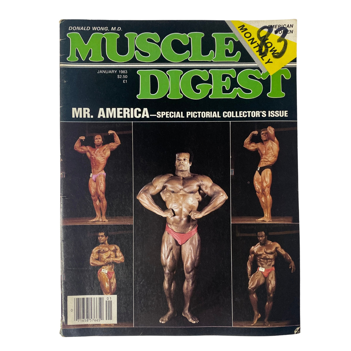 Cover of Muscle Digest Magazine January 1983 featuring Rufus Howard, Mr. America, along with finalists from the NPC’s American Bodybuilding Championships. Highlighting bodybuilding expertise and dynamic visuals.