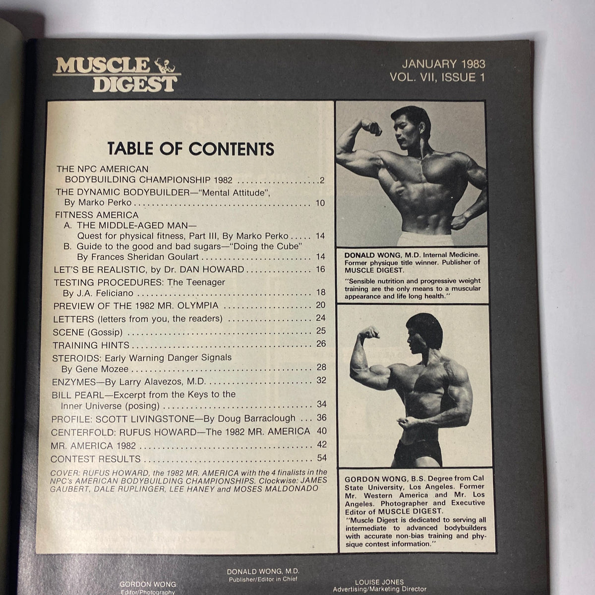 Table of Contents from Muscle Digest Magazine January 1983 detailing articles on bodybuilding, training, nutrition, and mental attitude, emphasizing notable contributors and features.