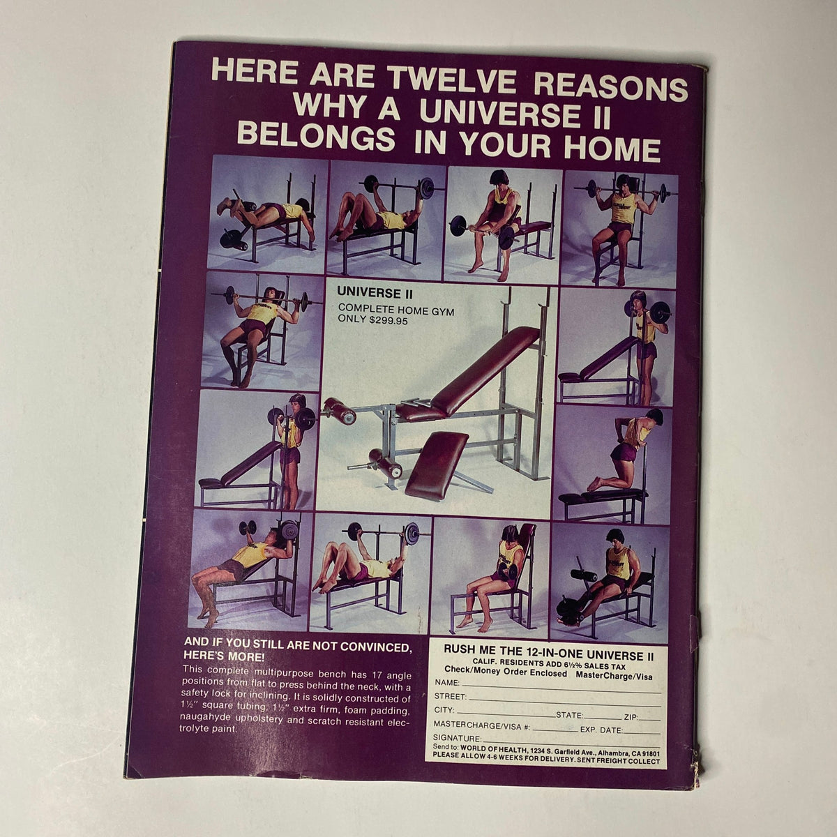 Muscle Digest Magazine January 1983 back cover advertisement for the Universe II home gym, promoting its features for bodybuilding and fitness enthusiasts.