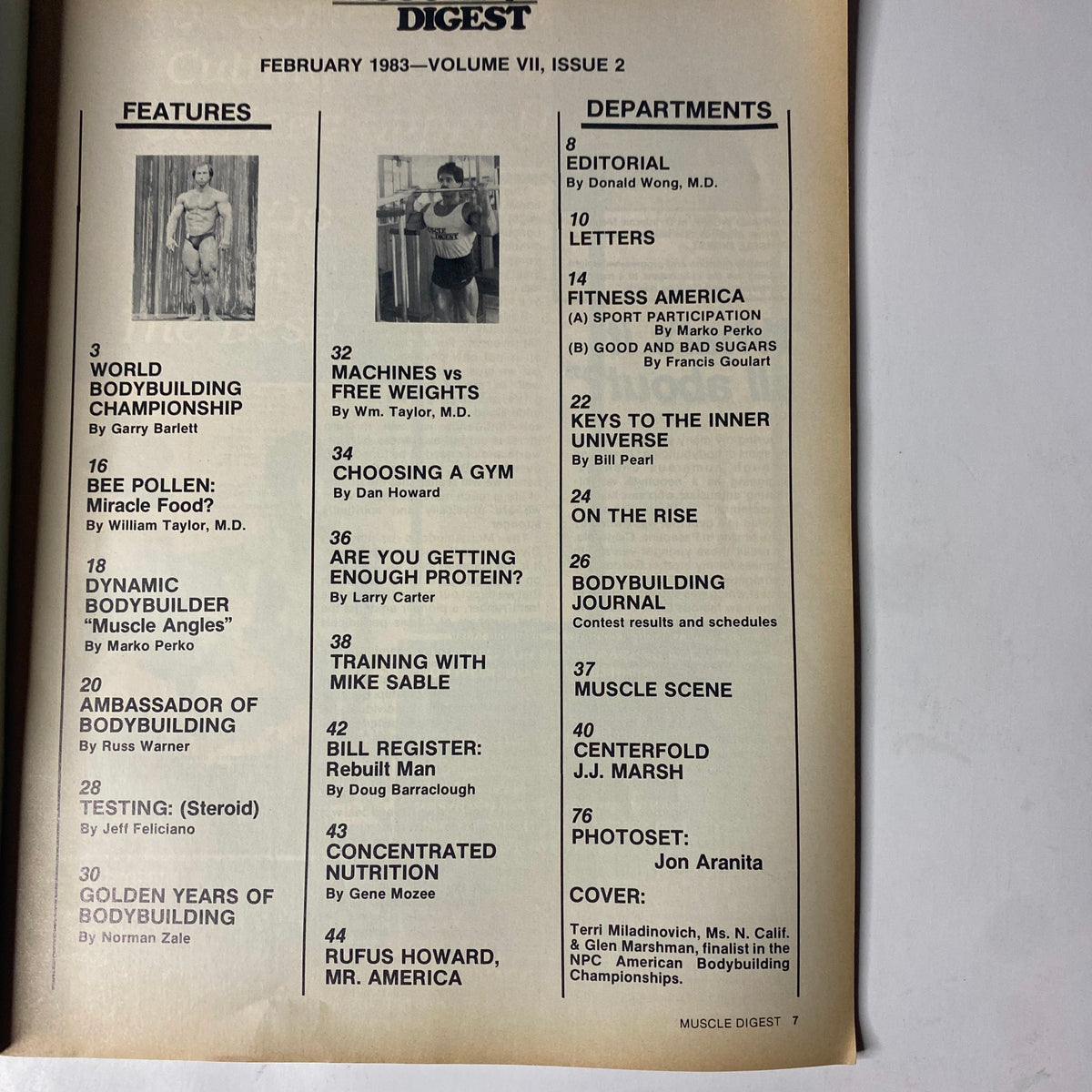 Table of Contents from Muscle Digest Magazine February 1983, outlining features and departments including editorial and fitness articles.
