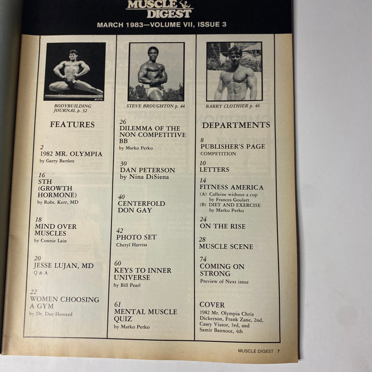 Interior page from Muscle Digest Magazine March 1983 listing articles including segments on the 1982 Mr. Olympia, growth hormone, and gym advice. This page highlights key content within the bodybuilding publication.