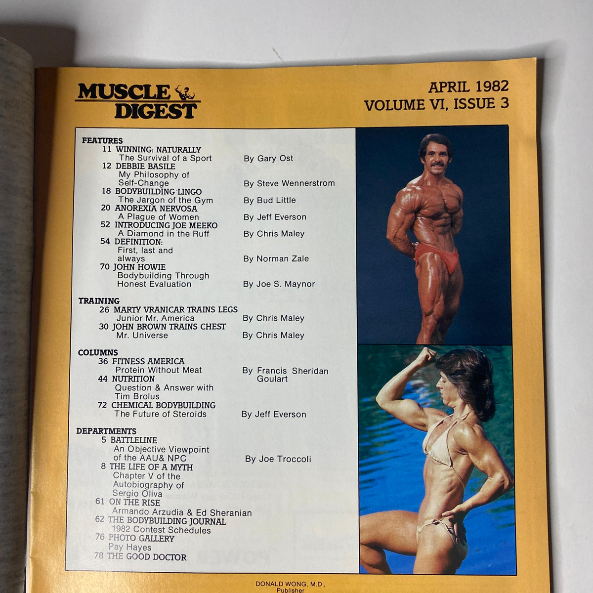 Muscle Digest Magazine April 1982 Vol 6 No 3 Table of Contents featuring articles on bodybuilding by Gary Ost, Steve Wennerstrom, and Chris Maley.