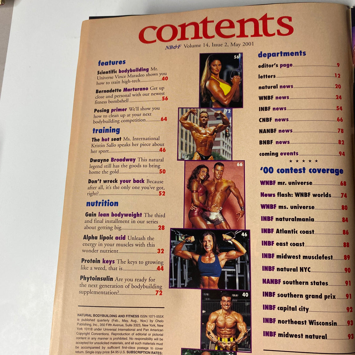 Table of contents from Natural Bodybuilding & Fitness Magazine May 2001 outlining features on scientific bodybuilding, nutrition tips, training insights, and contest coverage, emphasizing natural bodybuilding techniques.