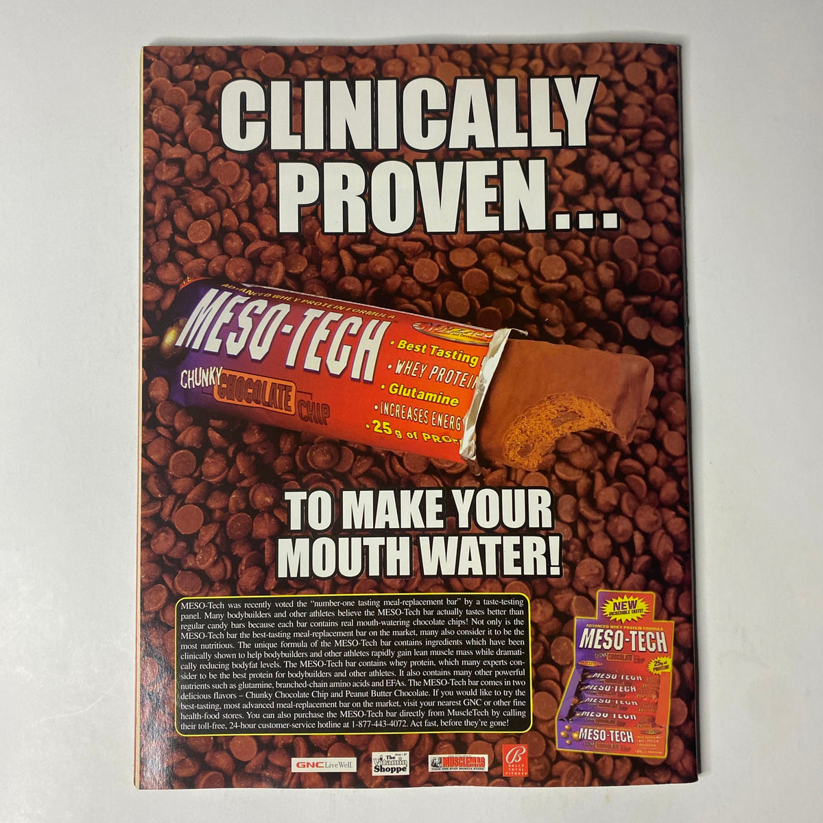 Advertisement for Meso-Tech protein bar featured in Natural Bodybuilding & Fitness Magazine May 2001, showcasing the bar with a tagline 'Clinically Proven...' on a brown coffee background.