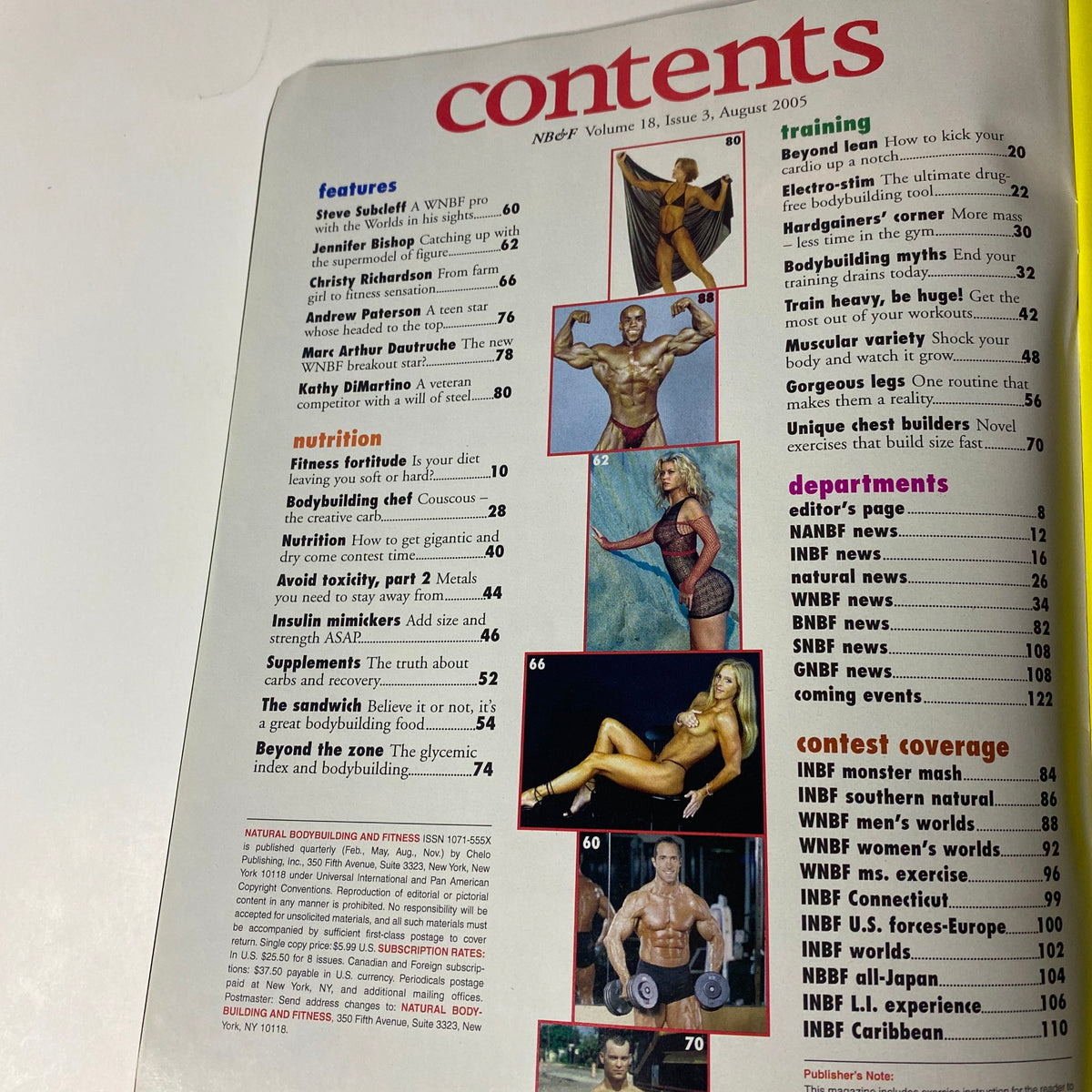 Table of Contents from Natural Bodybuilding & Fitness Magazine August 2005 featuring articles on training, nutrition, and contest coverage.