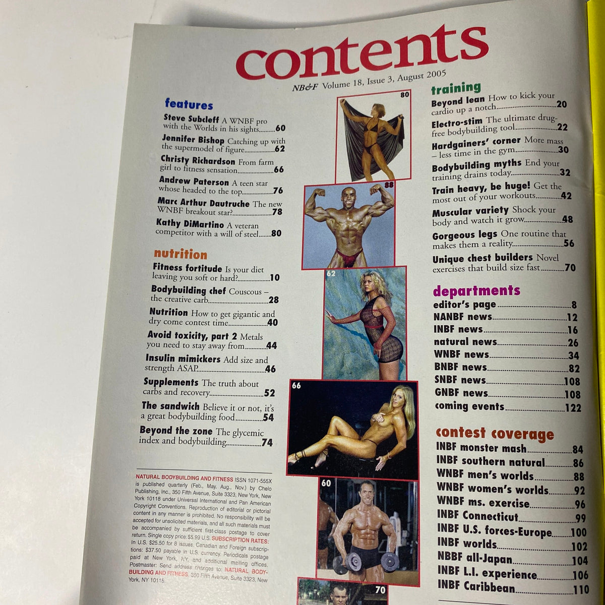 Table of Contents from Natural Bodybuilding & Fitness Magazine August 2005, showcasing features on athletes, nutrition, training tips, and contest coverage relevant to natural bodybuilding.