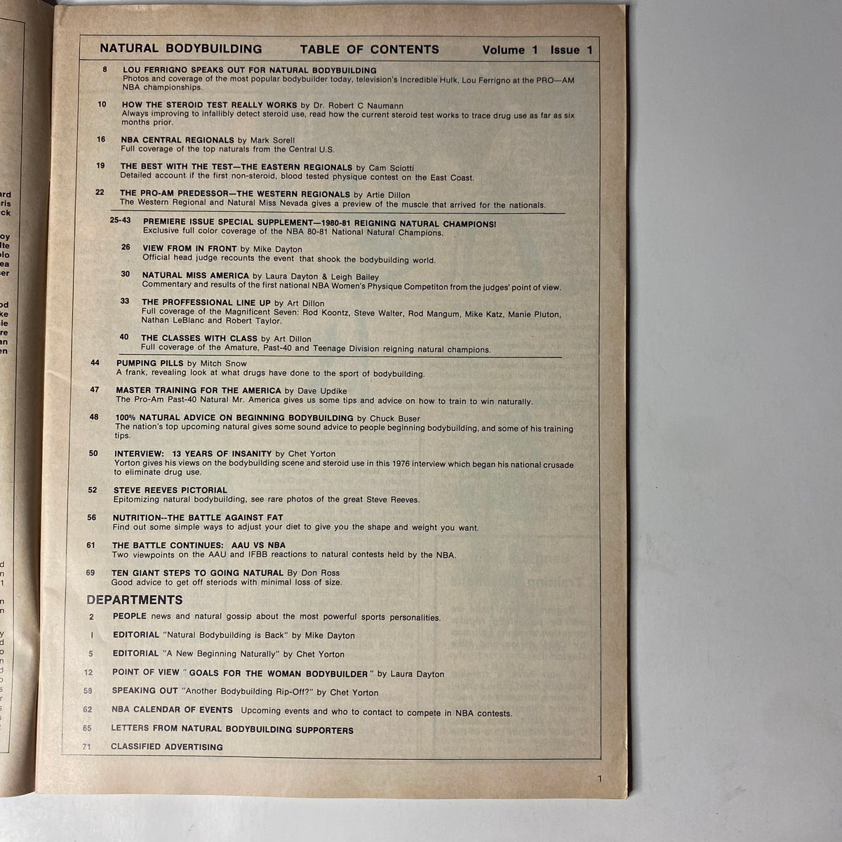 Inside page of Natural Bodybuilding Magazine October 1981 Vol 1 No 1 displaying the table of contents, detailing features on natural bodybuilding, steroid testing, and prominent athletes.