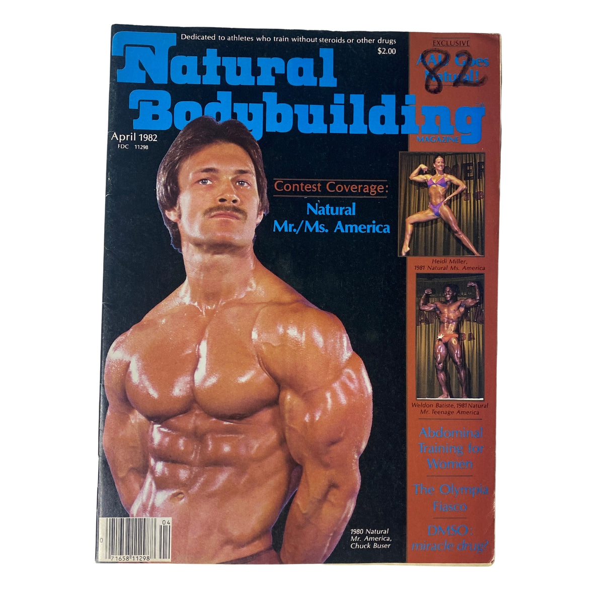 Cover of Natural Bodybuilding Magazine April 1982 Vol 1 No 3 featuring Chuck Buser, showcasing bodybuilding and fitness content.