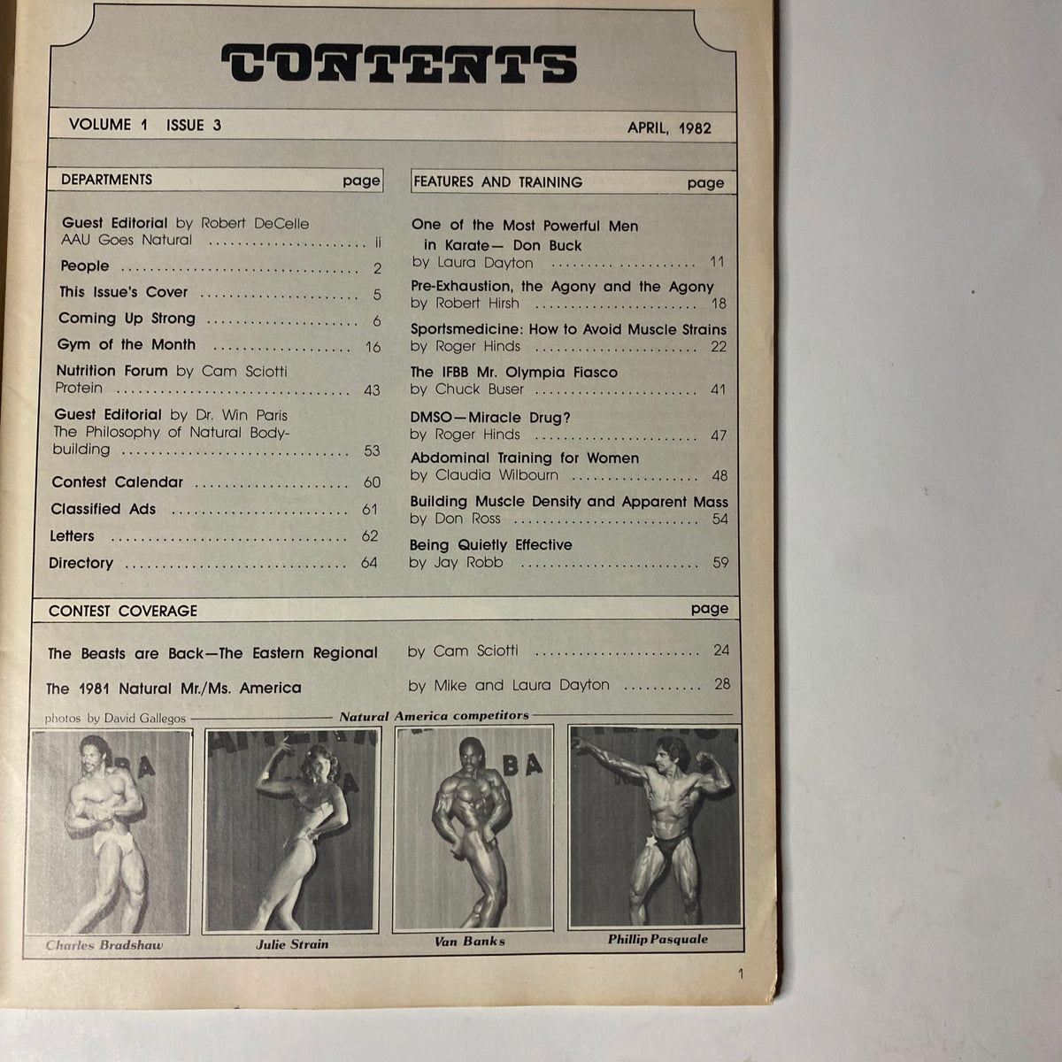 Table of contents from Natural Bodybuilding Magazine April 1982 Vol 1 No 3 detailing features and articles on natural bodybuilding.