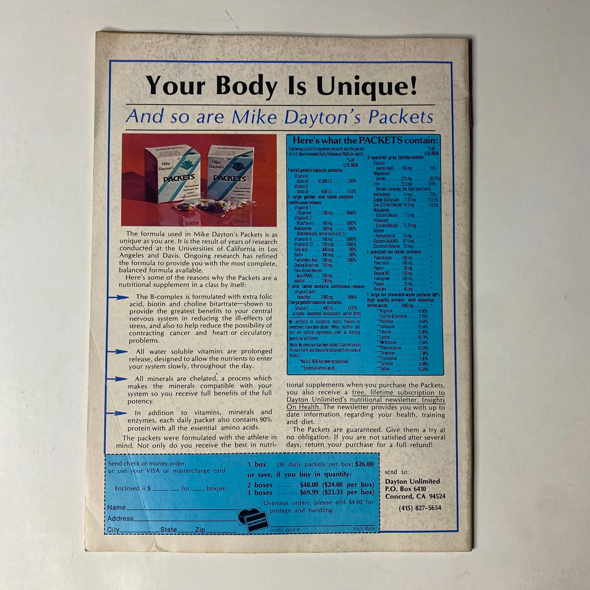 Back cover of Natural Bodybuilding Magazine April 1982 Vol 1 No 3 featuring Mike Dayton's Packets, promoting unique formulations for bodybuilding nutrition.