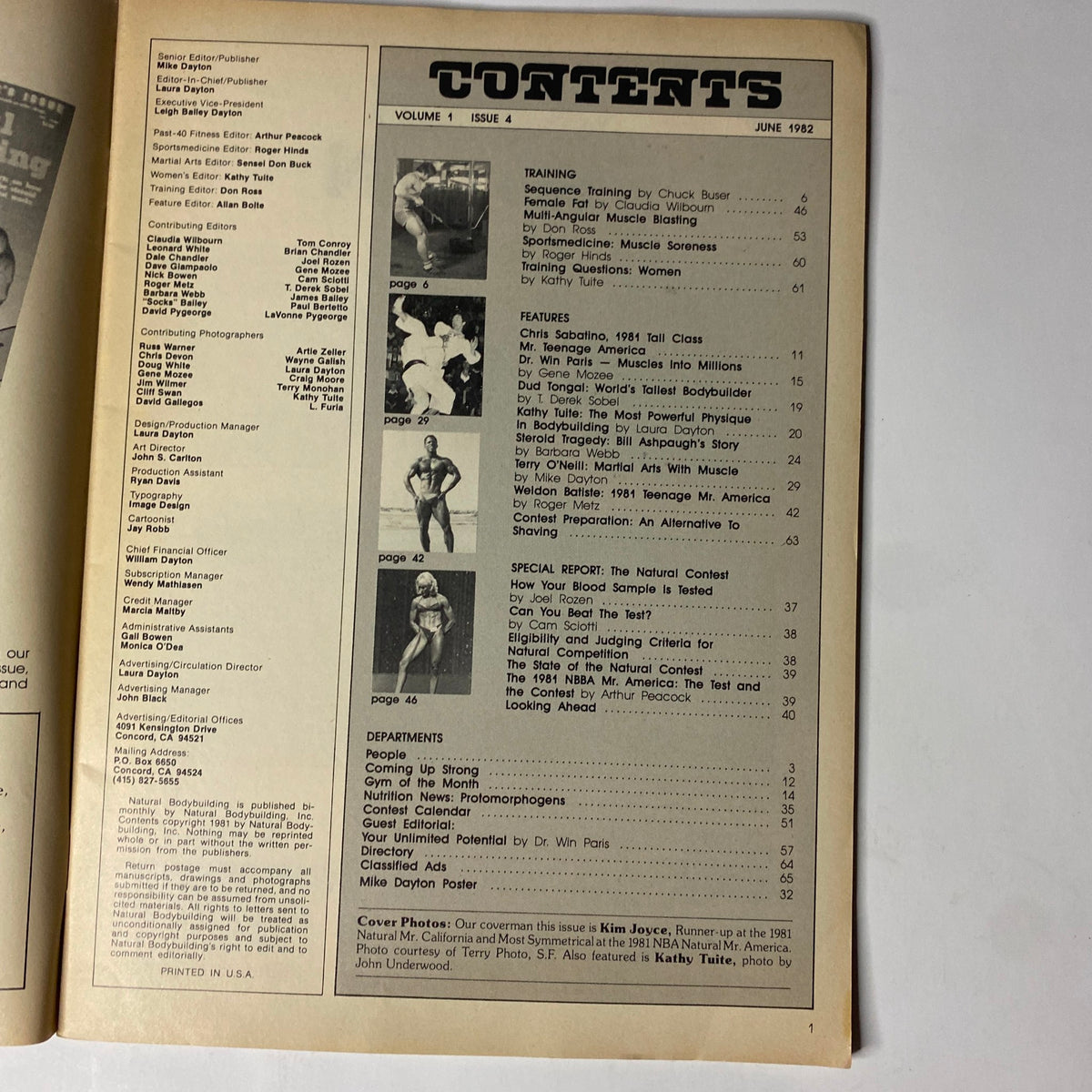 Table of contents for Natural Bodybuilding Magazine June 1982, Vol 1 No 4, detailing articles on training, features including Kathy Tuite, and a special report on natural bodybuilding competitions.