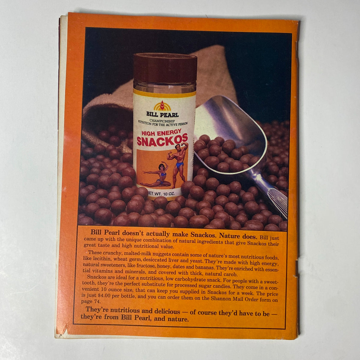 Back cover of Natural Bodybuilding Magazine February 1983 Vol 2 No 6 Lou Ferrigno, showcasing Bill Pearl's High Energy Snackos product advertisement with a description of its natural ingredients.