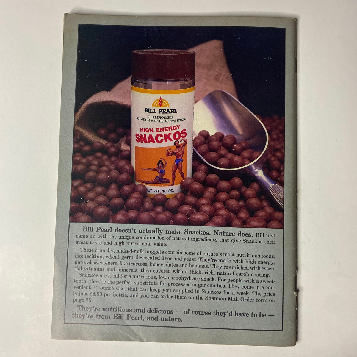 Back cover of Natural Bodybuilding Magazine April 1983 Vol 2 No. 7 displaying Bill Pearl's High Energy Snackos, highlighting healthy dietary options for bodybuilders.