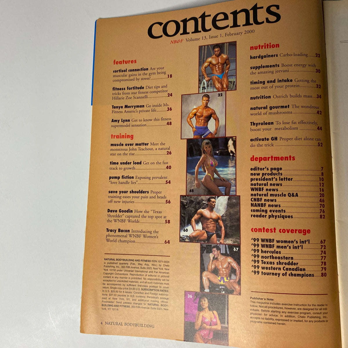 Contents page of Natural Bodybuilding & Fitness Magazine February 2000, listing features like Cortisol Connection and Fitness Fortitude, alongside training and nutrition sections.