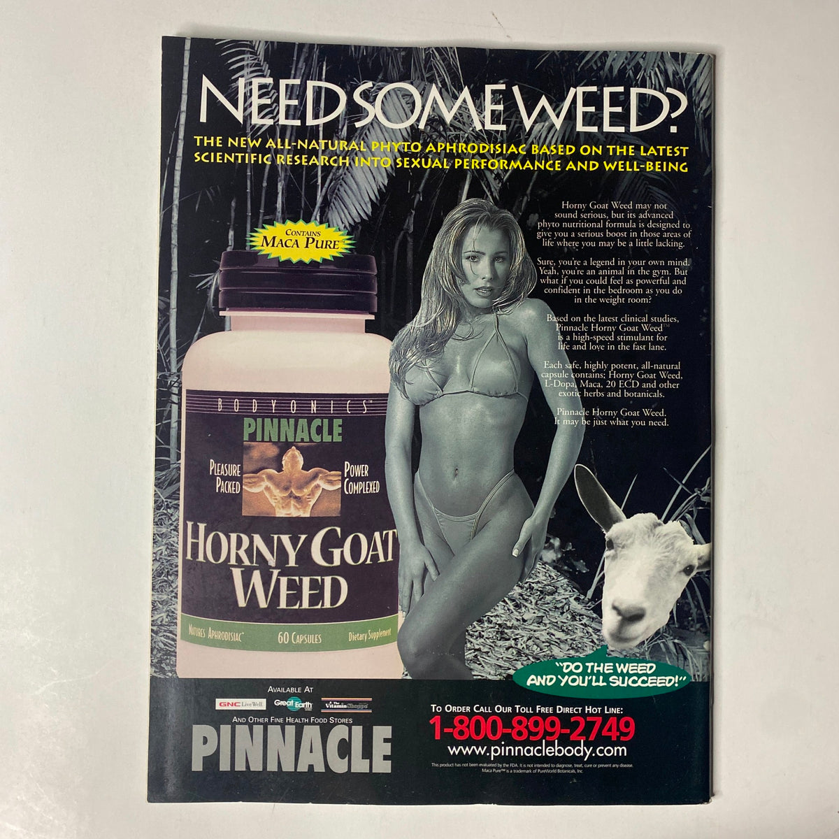 Ad for Horny Goat Weed supplement in Natural Bodybuilding & Fitness Magazine February 2001, promoting its benefits for sexual performance.