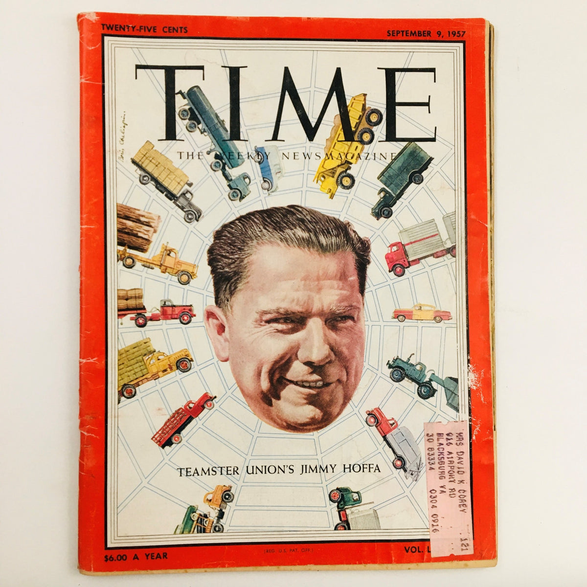 Time Magazine September 9, 1957 cover featuring Teamster Union's Jimmy Hoffa, showcasing a colorful illustration of trucks and freight vehicles surrounding Hoffa's portrait.