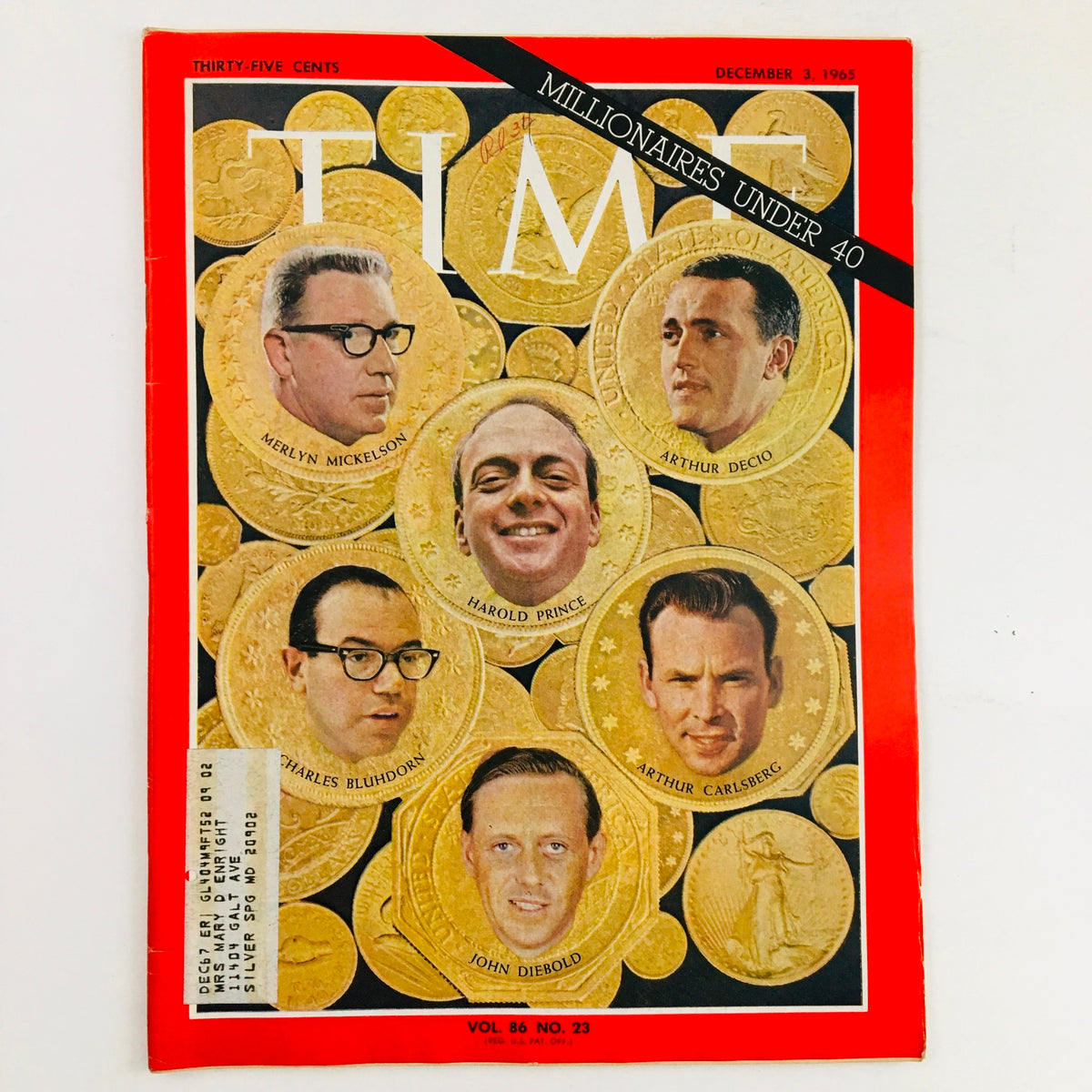 Cover of Time Magazine December 3, 1965, Vol. 86 No. 23 featuring portraits of millionaires under 40 including Merlyn Mickelson, Arthur Decio, Harold Prince, Charles Bluhdorn, John Diebold, and Arthur Carlsberg set against a background of gold coins.