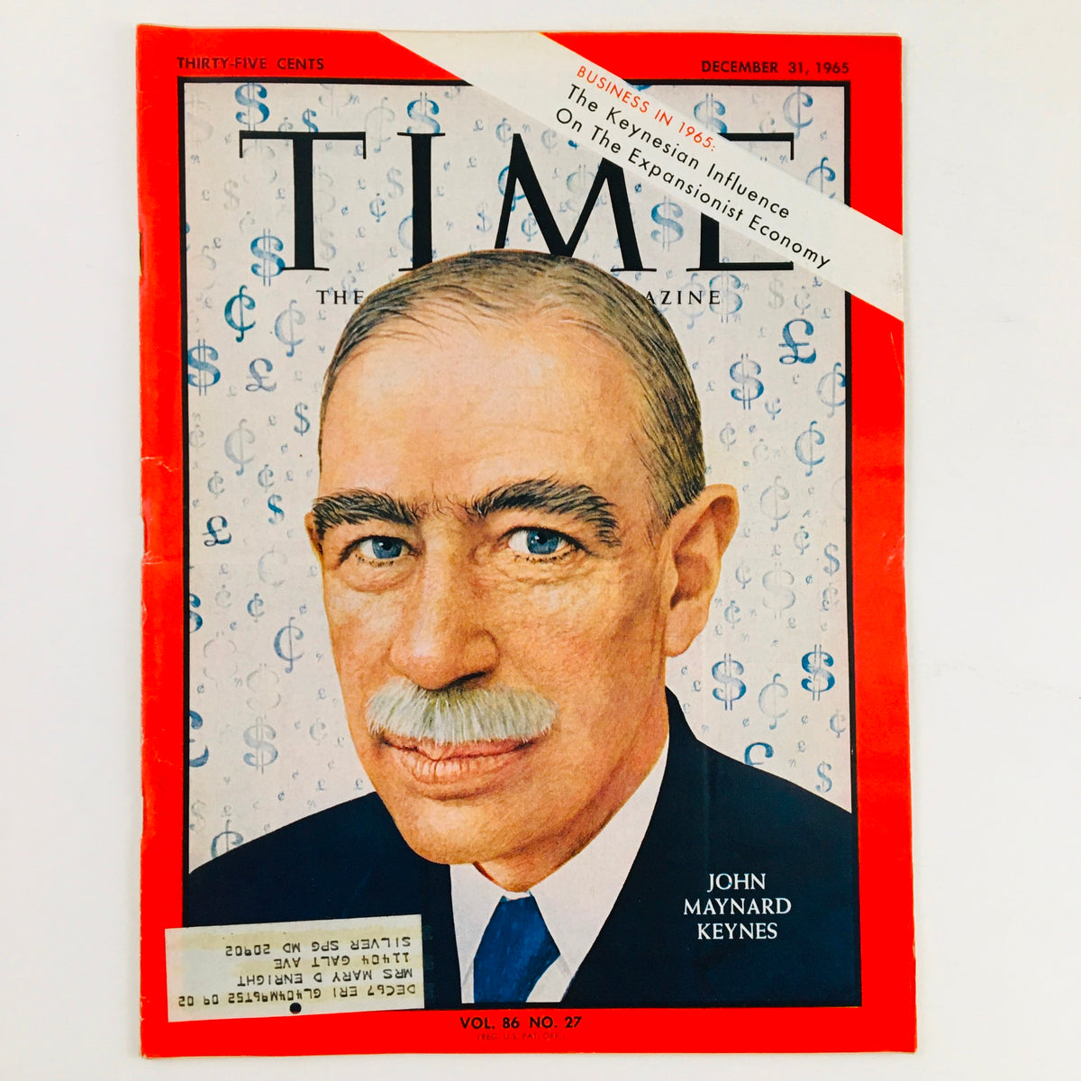 Cover of Time Magazine dated December 31, 1965, featuring economist John Maynard Keynes, Vol. 86 No. 27, showcasing a portrait of Keynes against a background with dollar signs, emphasizing his impact on economic thought.