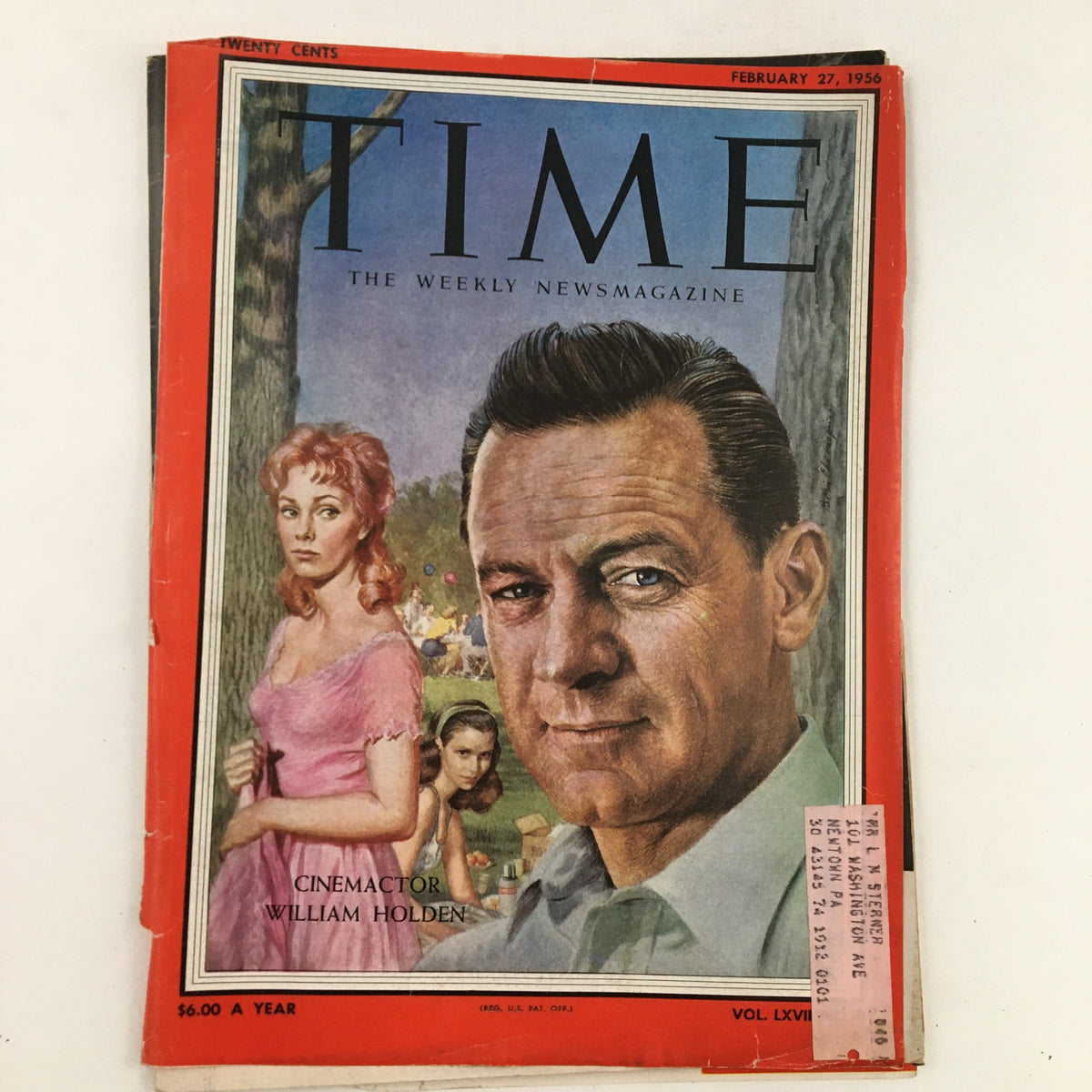 Vintage Time Magazine cover featuring American actor William Holden, dated February 27, 1956, Volume 67, Number 9. The cover showcases an artistic illustration of Holden alongside a woman in a pink dress, set against a picnic backdrop, highlighting the glamour of 1950s Hollywood.