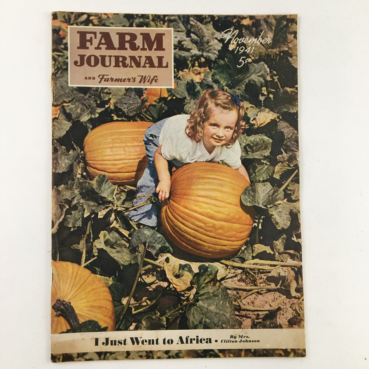Cover of Farm Journal Magazine November 1941 featuring a girl with curly hair sitting on a large pumpkin in a pumpkin patch, highlighting the article 'I Just Went to Africa'.