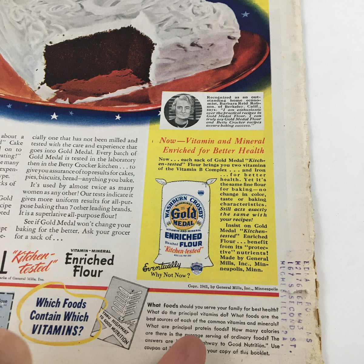 Back cover of Farm Journal Magazine November 1941 showcasing a Gold Medal Flour advertisement emphasizing vitamin enrichment for baking success.