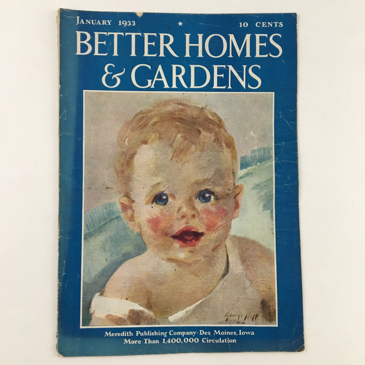 Cover of the Better Homes & Gardens January 1933 magazine featuring an illustration of a happy baby and bold text highlighting the publication's name and date.