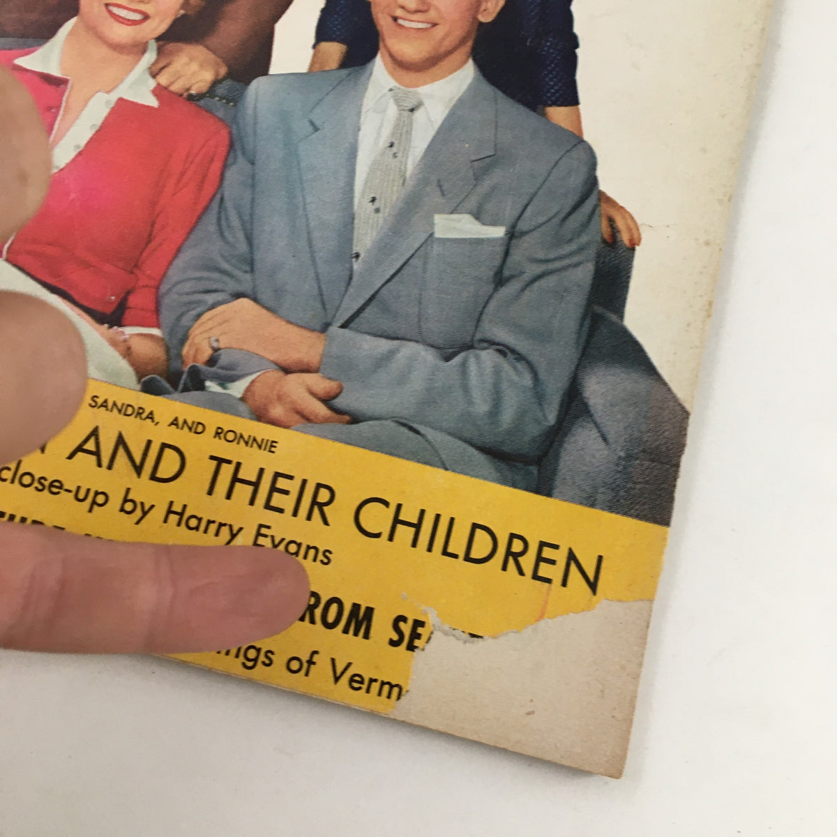 Close-up of the Family Circle Magazine August 1954 cover highlighting Burns & Allen and their children, with focus on the magazine's vintage aesthetics.