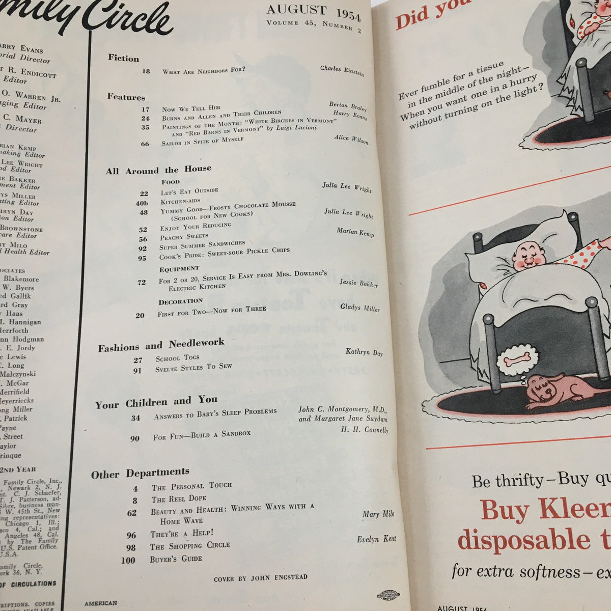 Inside page of Family Circle Magazine August 1954 displaying the table of contents, reflecting the publication's family-oriented articles and features.